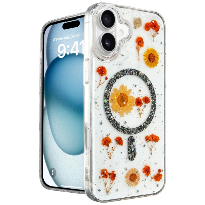 HERŞEYTREND İphone 16 Kılıf Daisy Simli Magsafe Kapak - Siyah