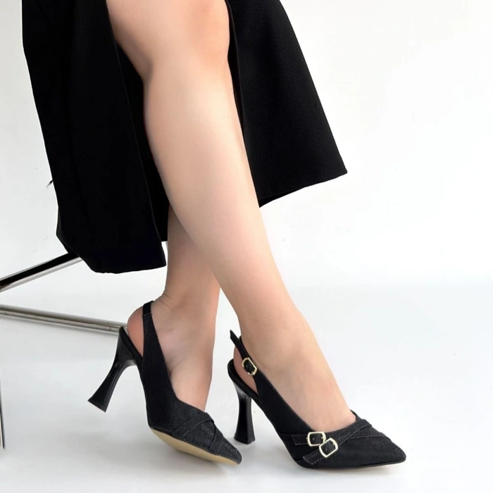 HERŞEYTREND Jedda Siyah Simli Cilt Topuklu Ayakkabı