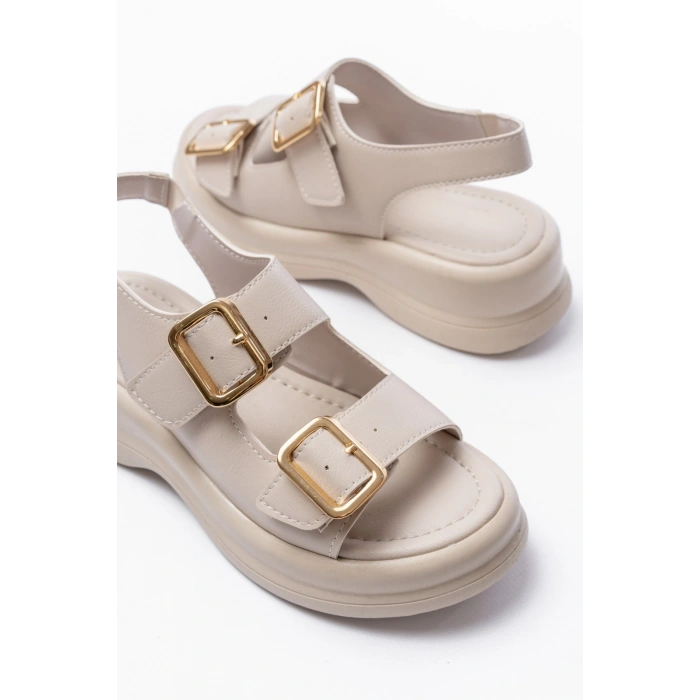 HERŞEYTREND Kaji Bej Cilt Çift Tokalı Sandalet