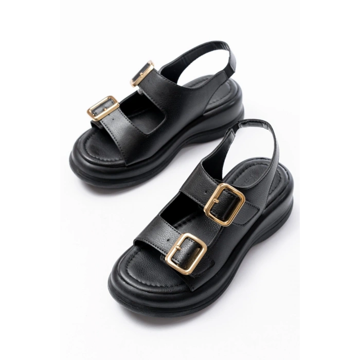 HERŞEYTREND Kaji Siyah Cilt Çift Tokalı Sandalet