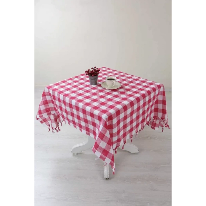 HERŞEYTREND Kareli Saçaklı Kırmızı Masa/piknik/sofra Örtüsü 165x170 Cm
