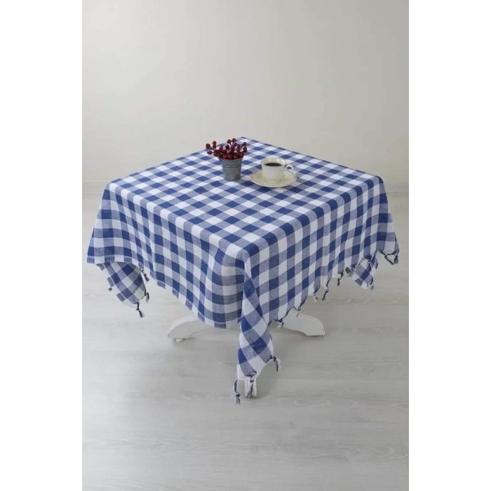 HERŞEYTREND Kareli Saçaklı Mavi Masa/piknik/sofra Örtüsü 165x170 Cm