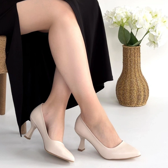 HERŞEYTREND Leja Bej Cilt Topuklu Ayakkabı