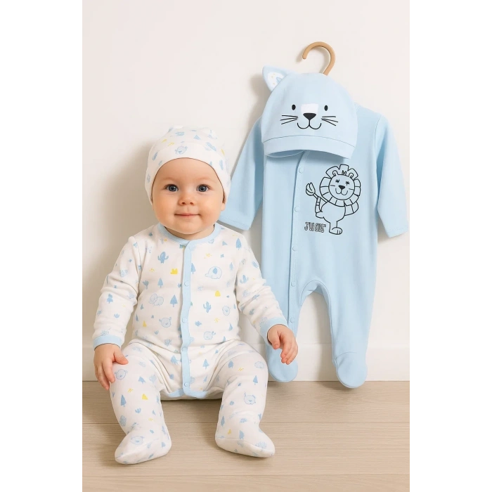 HERŞEYTREND Mini Jungle Aslan Desenli Erkek Bebek 4lü Tulum Seti