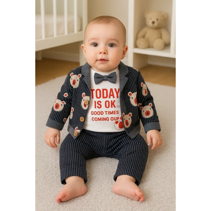 HERŞEYTREND Papyonlu Bear Çizgili Model Ceketli 3lü Erkek Bebek Takımı