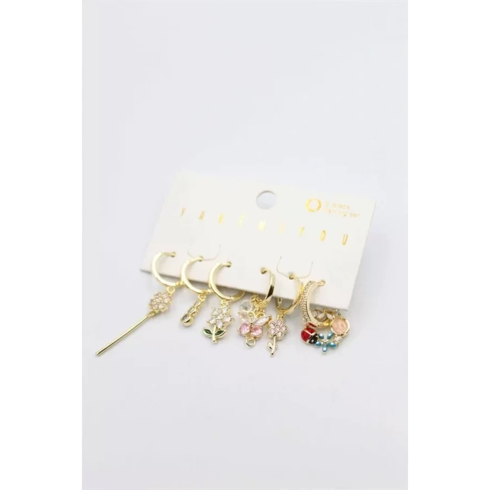 HERŞEYTREND Renkli Taşlı Set Küpe - Altın