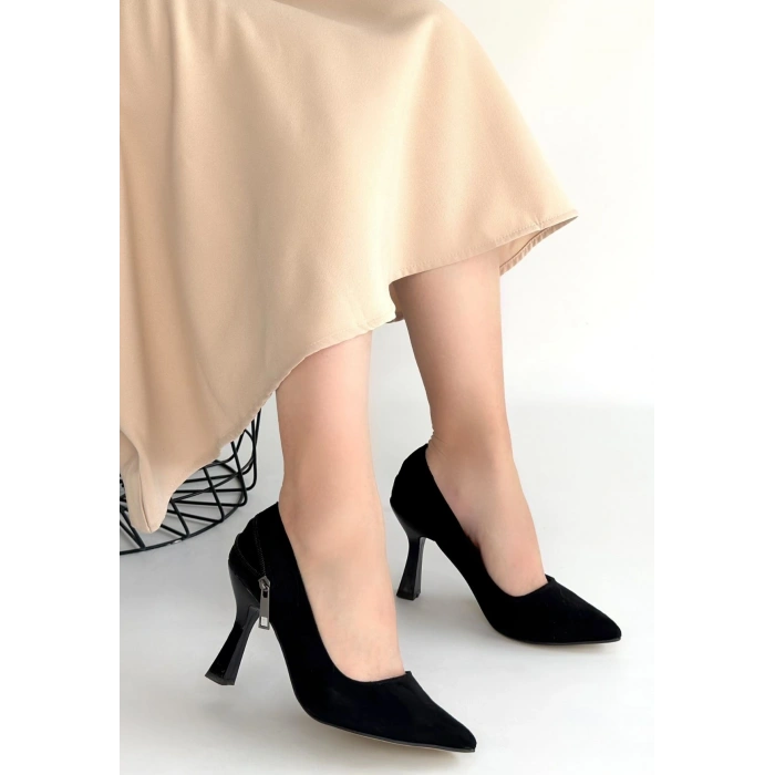 HERŞEYTREND Retta Siyah Süet Topuklu Ayakkabı