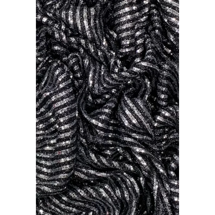 HERŞEYTREND Sakallı Çizgili Pullu Kumaş  Pullu Payet Kumaş Abiye Nişan Düğün Siyah