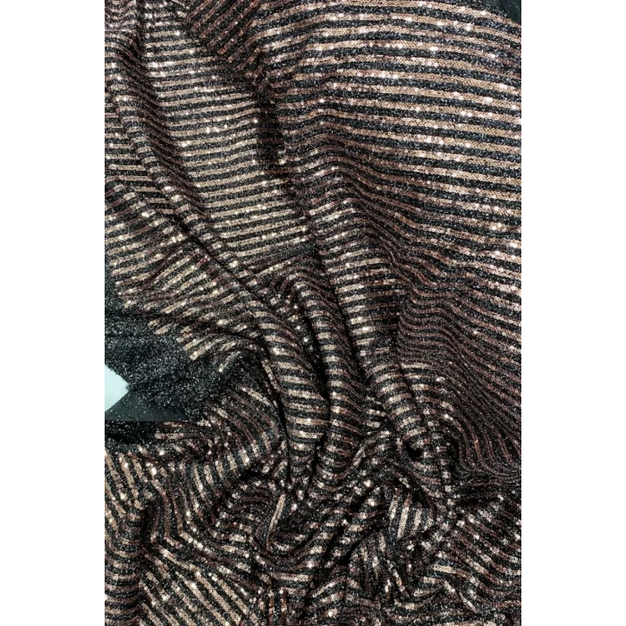 HERŞEYTREND Sakallı Çizgili Pullu Kumaş  Pullu Payet Kumaş Abiye Nişan Düğün Siyah Bakır