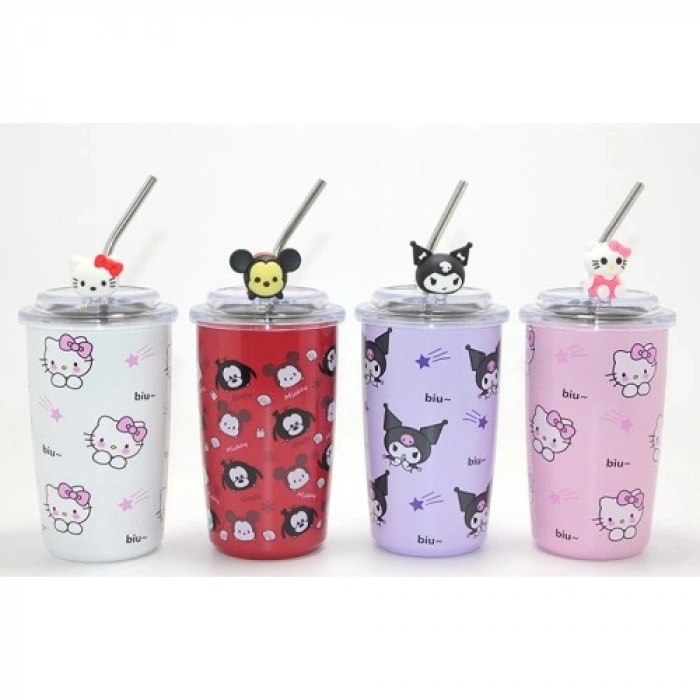 HERŞEYTREND Sanrio Hello Kitty Ve Kuromi Figürlü Isı Muhafazalı Metal Pipetli Çelik Kupa