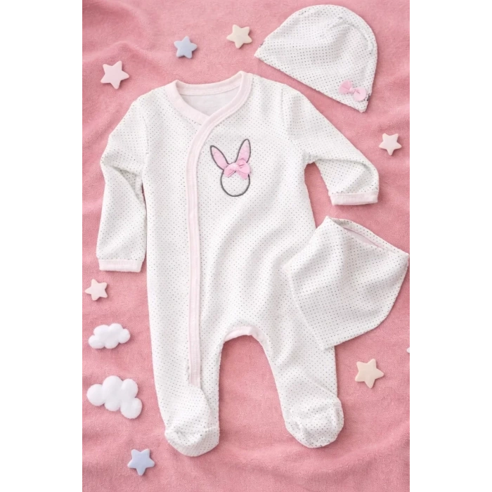 HERŞEYTREND Sevimli Tavşan Desenli Kız Bebek 4’lü Tulum Seti