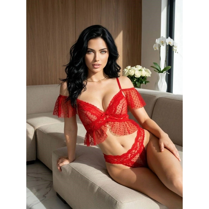 HERŞEYTREND Şık Tasarım Dantel İşlemeli Dekolteli Kırmızı Puantiyeli Sütyen Külot Takımı