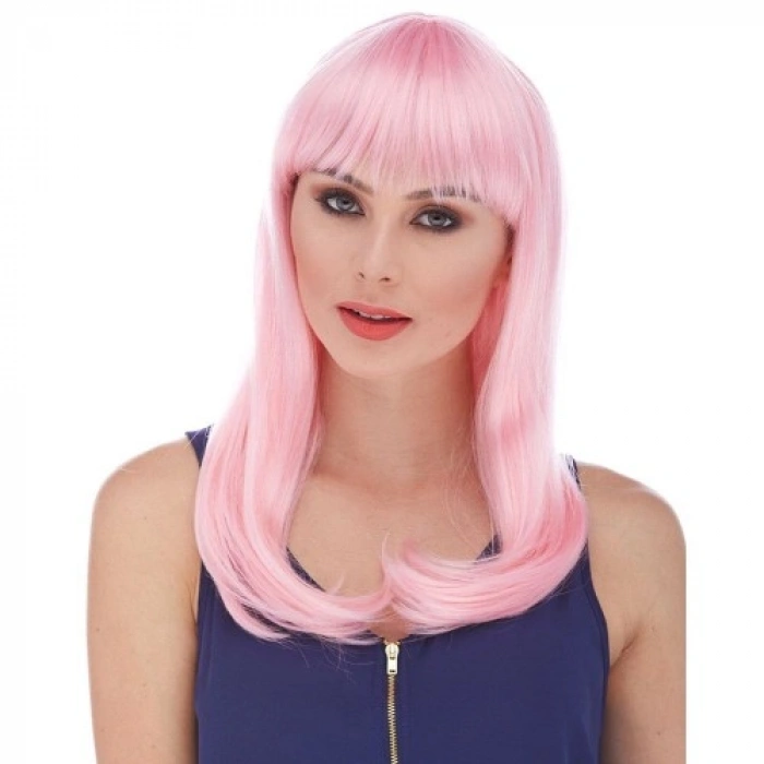 HERŞEYTREND Soft Pembe Renk Uzun Düz Parti Peruğu