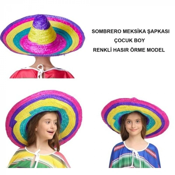 HERŞEYTREND Sombrero Meksika Şapkası Renkli Örme Hasır Çocuk Boy