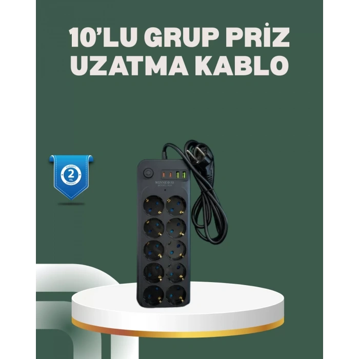 HERŞEYTREND Termal Koruma Sistemli USB Type-C 10’lu Grup Priz 2m 2500W Güç Kapasiteli