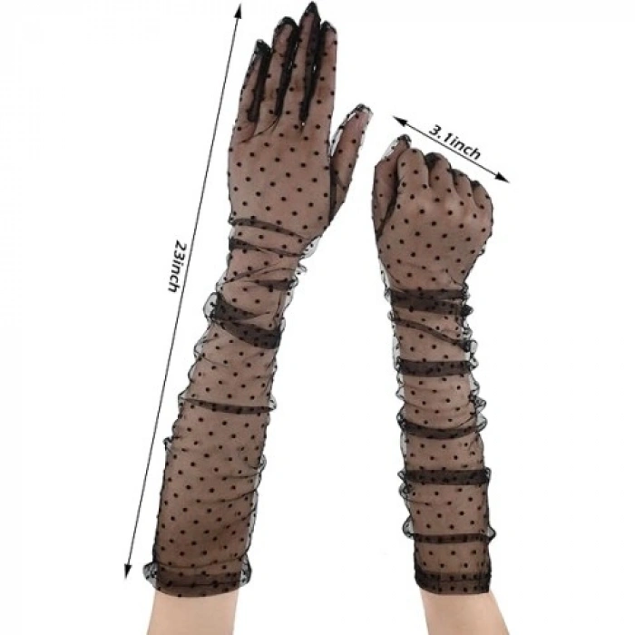 HERŞEYTREND Uzun Boy Siyah Puantiyeli Siyah Renk Yetişkin Tül Eldiven 55 cm