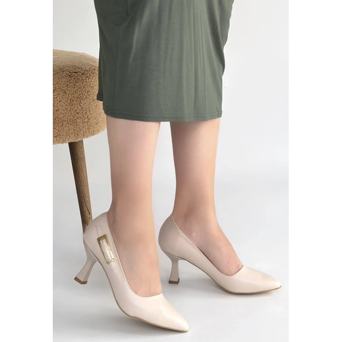 HERŞEYTREND Yons Bej Cilt Topuklu Ayakkabı