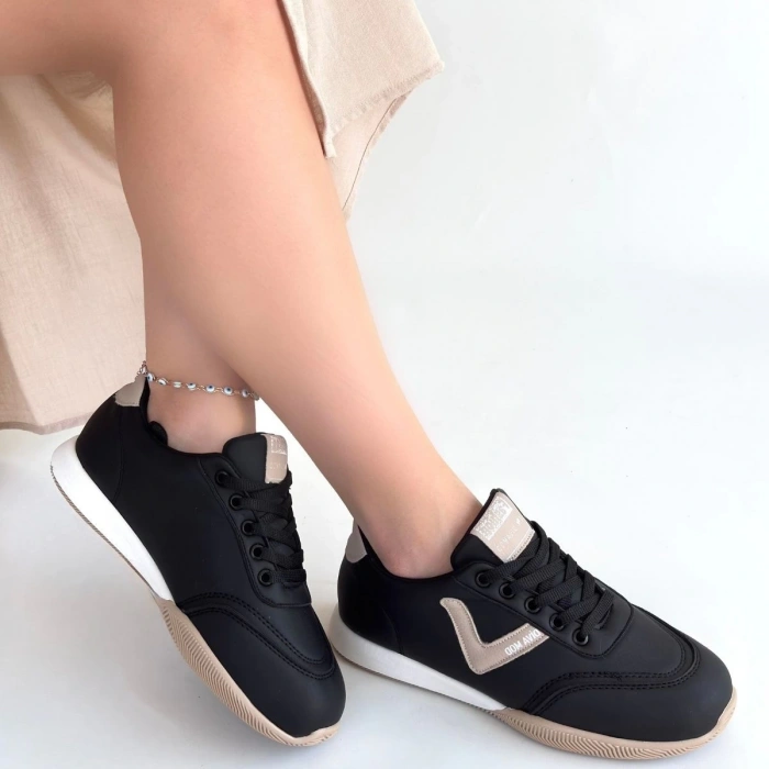 Jowen Siyah Cilt Bej Detaylı Bağcıklı Spor Ayakkabı