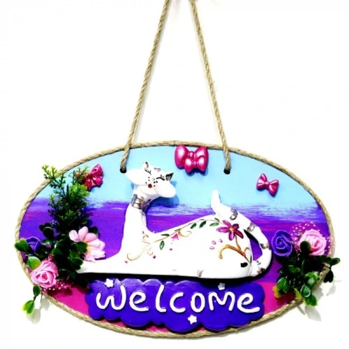 HERŞEYTREND Kedi Figürlü Welcome Yazılı El Yapımı Kapı Süsü