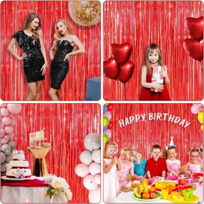 HERŞEYTREND Kırmızı Metalize Parlak Saçaklı Perde