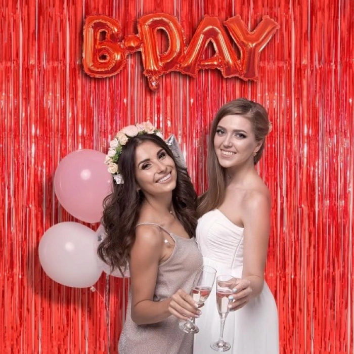 HERŞEYTREND Kırmızı Metalize Parlak Saçaklı Perde