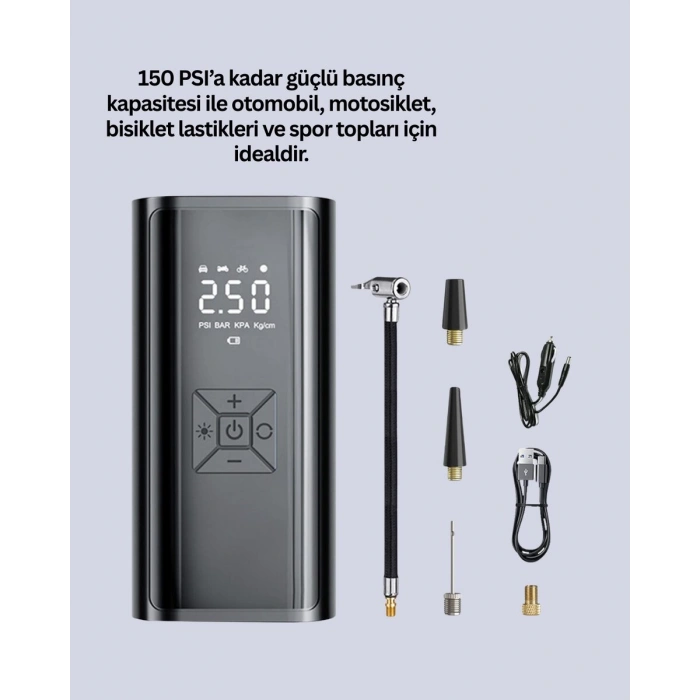 LED Fenerli ve SOS Işıklı Çok Fonksiyonlu Hava Kompresörü Yeni Nesil
