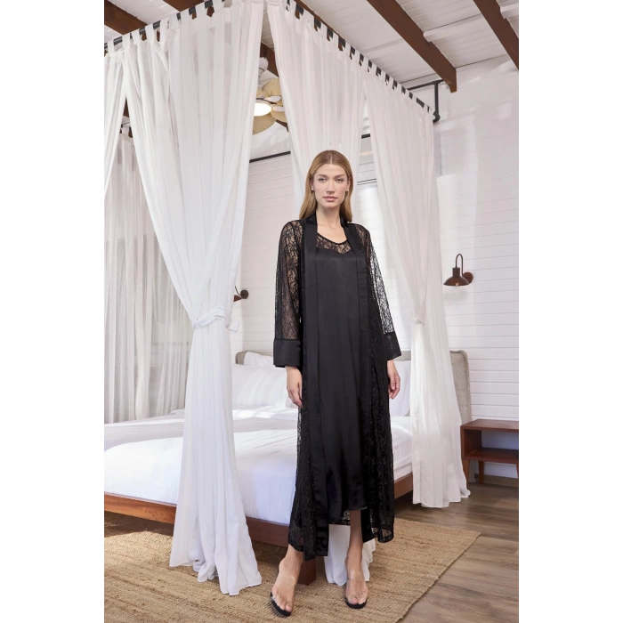 HERŞEYTREND  %100 Viskon Dantelli ve Dekolteli Saten Sabahlık Takımı