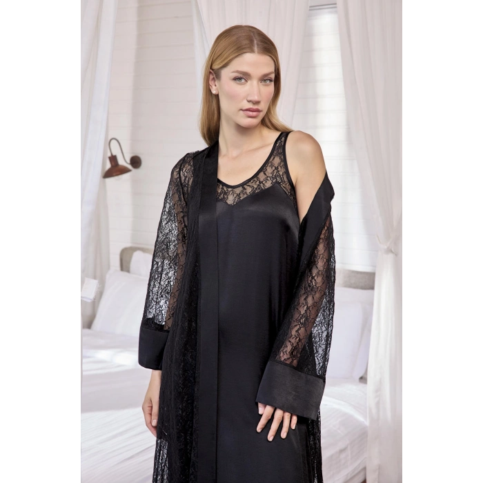 HERŞEYTREND  %100 Viskon Dantelli ve Dekolteli Saten Sabahlık Takımı