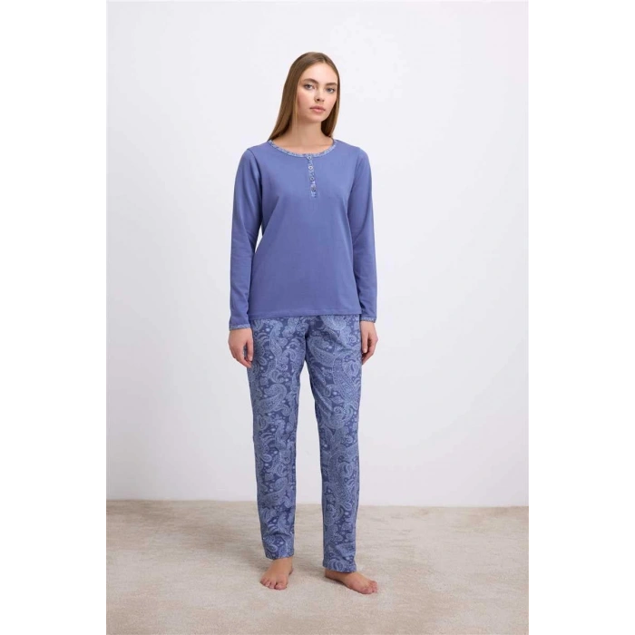 Litae %95 Pamuklu Uzun Kollu T-Shirt ve Desenli Pantolon Pijama Takımı