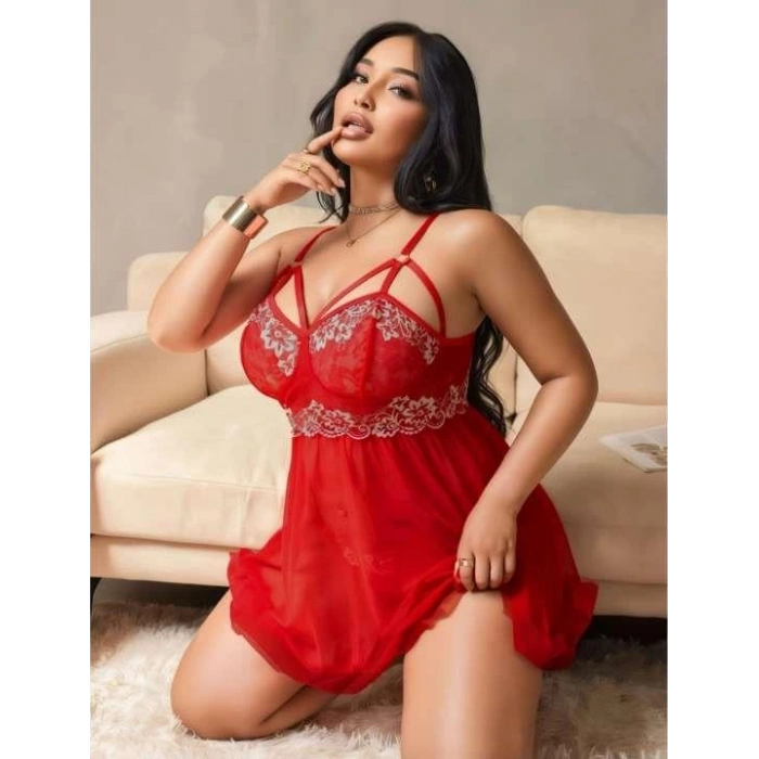 Litae Büyük Beden Kırmızı Dantel İşlemeli Tül Gecelik