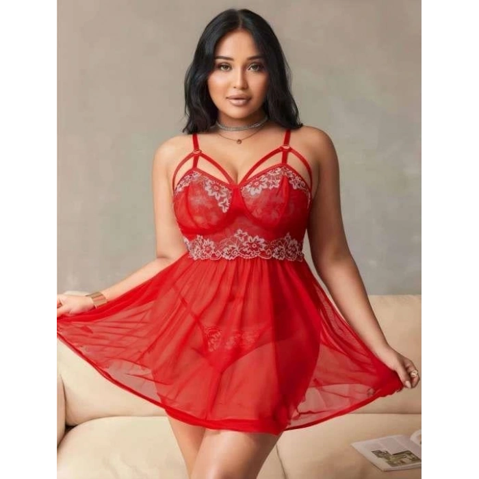 Litae Büyük Beden Kırmızı Dantel İşlemeli Tül Gecelik