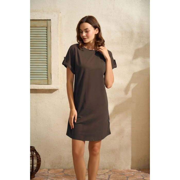 Litae Günlük Kısa Kol Bisiklet Yaka Cotton Düz Yazlık Kısa Kahve Pijama Takımı