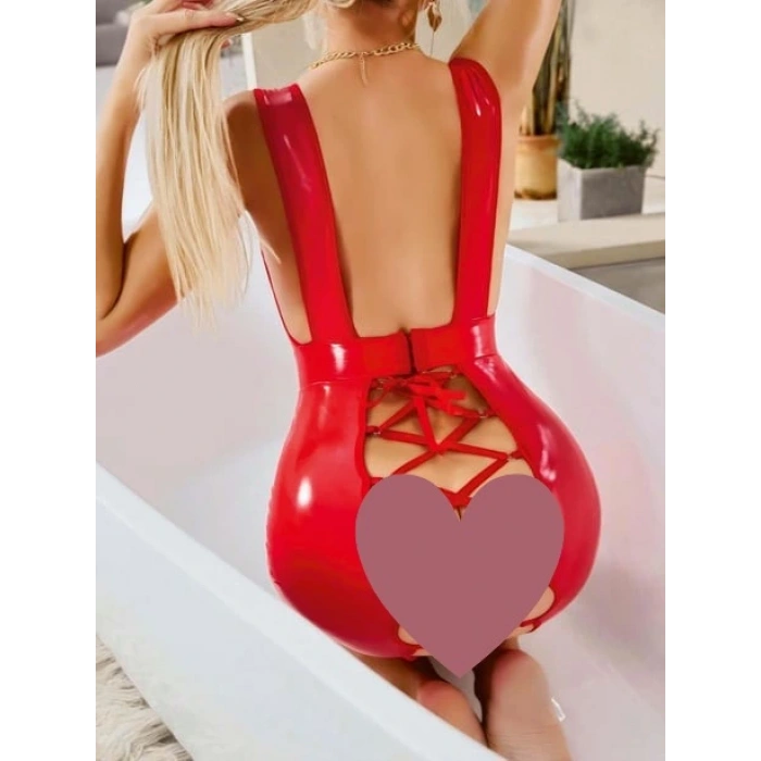 Litae Kırmızı Arkası İp Dekolteli Mini Fantezi Parlak Deri Elbise