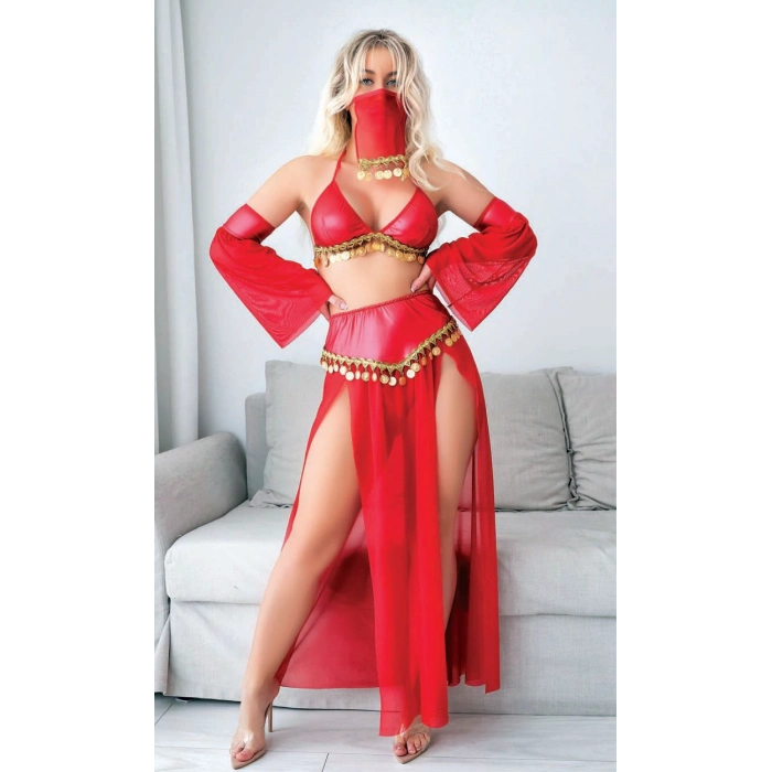 HERŞEYTREND Kırmızı Peçeli Seksi Dansöz Kostümü