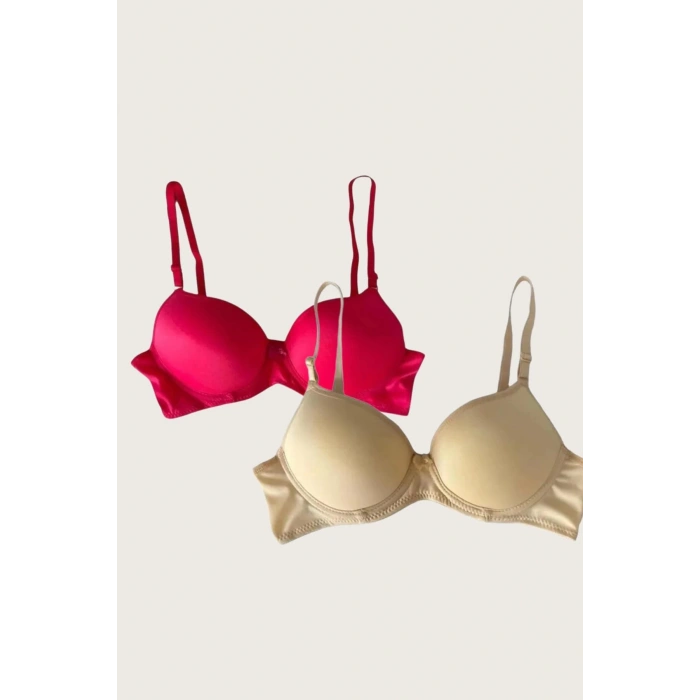 Litae Kırmızı-Ten 2li Mikro Kumaş İçi Boş Balenli Günlük Desteksiz Sütyen
