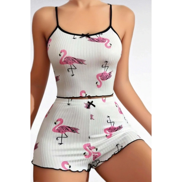 Litae Pamuklu Beyaz Üstüne Pelikan Desen Fitilli Askılı Şortlu Pijama Takımı