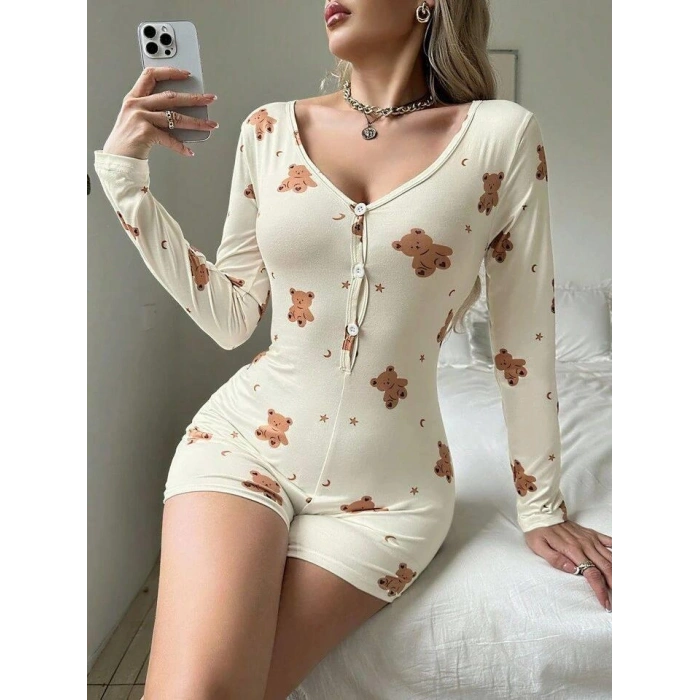 Litae Pamuklu Ekru Ayıcık Desenli Düğmeli Tulum Pijama