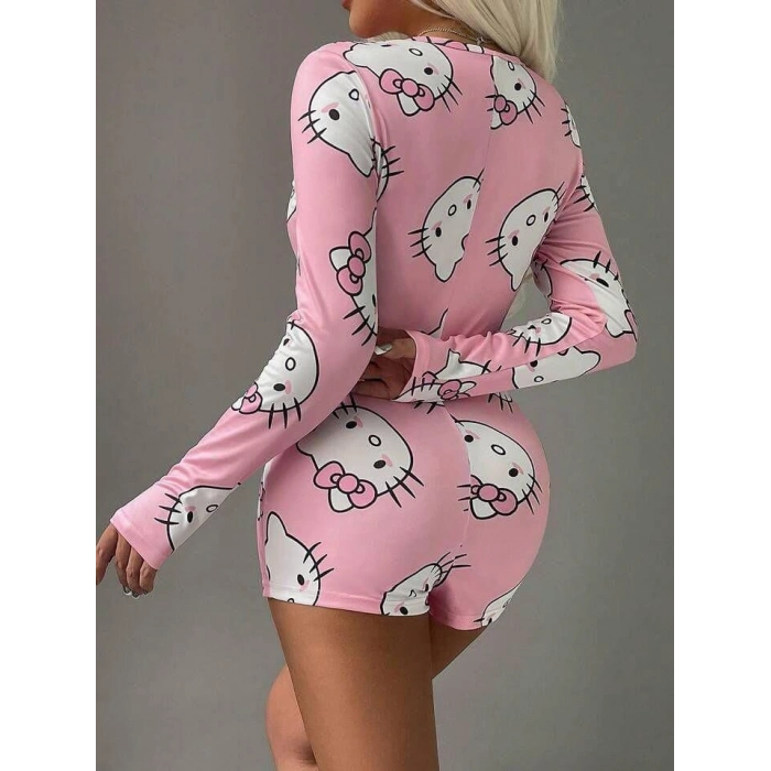 HERŞEYTREND  Pamuklu Pembe Hello Kitty Desenli Düğmeli Uzun Kol Tulum Pijama