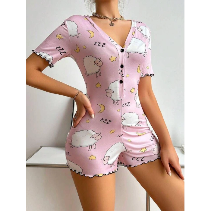 HERŞEYTREND  Pamuklu Pembe Kuzu Desenli Düğmeli Uzun Kol Tulum Pijama