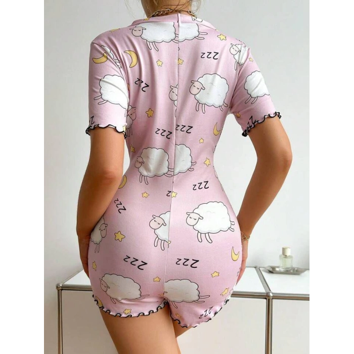 HERŞEYTREND  Pamuklu Pembe Kuzu Desenli Düğmeli Uzun Kol Tulum Pijama