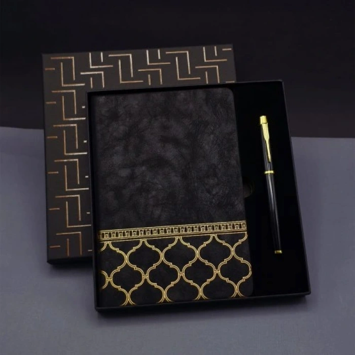 Litae Trend  Gold Desen Siyah Deri Defter Kalem Set