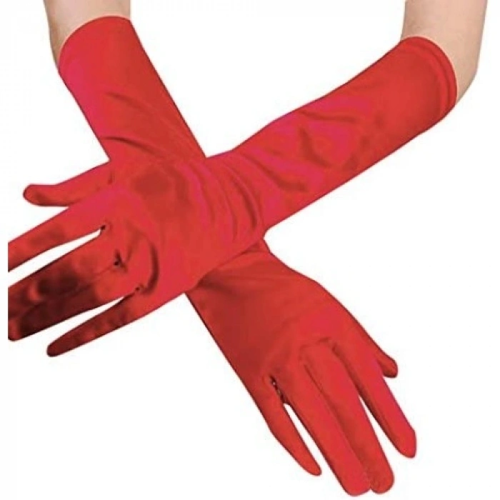 HERŞEYTREND Kırmızı Renk Dirseğe Kadar Uzun Kumaş Eldiven 40 cm