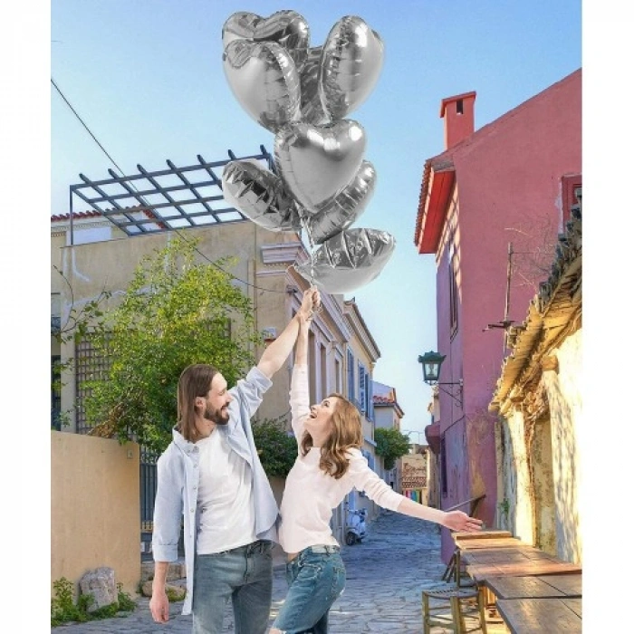 Litae Trend Metalize Parlak Gümüş Kalp Şekilli Uçan Balon Folyo 18 inç 45 cm 10 Adet