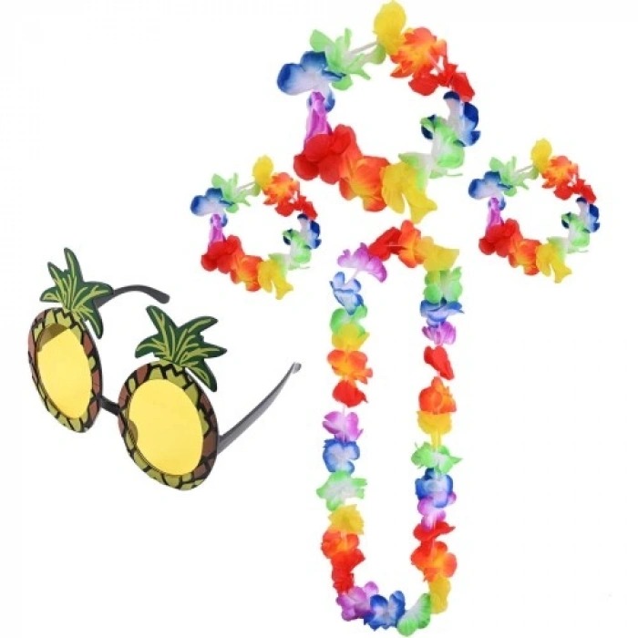 HERŞEYTREND Renkli Ananas Gözlük, Taç, Kolye ve Bileklik Seti