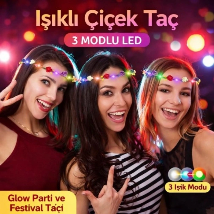 Litae Trend Renkli LED Çiçek Taç – 3 Işık Modlu Glow Parti Tacı