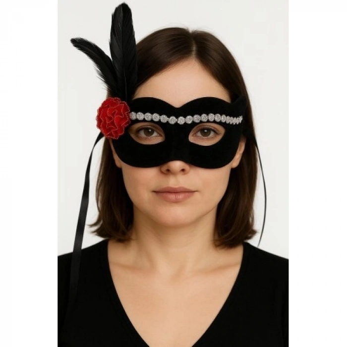 Litae Trend Siyah Renk Süet Kaplama Gümüş Dantelli Kırmızı Gül Tasarımlı Parti Maskesi 18x20 cm