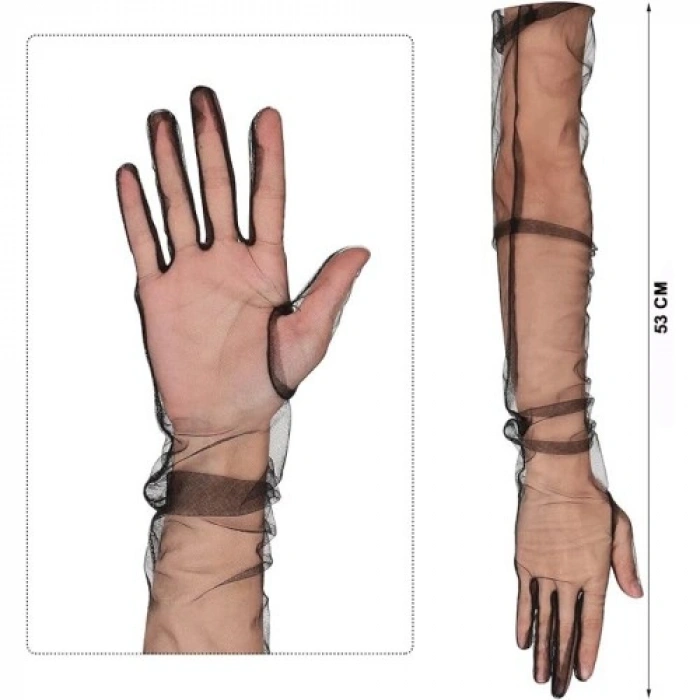 HERŞEYTREND Uzun Boy Likralı Siyah Renk Yetişkin Mega Tül Eldiven 53 cm
