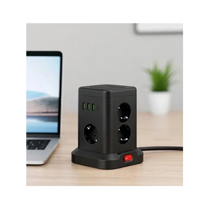 WP-707 3 Usb-A + 1 Type-C Çıkışlı Kule Tipi Akım Korumalı Çoklu Priz – Tek Tuş Kontrol Masaüstü