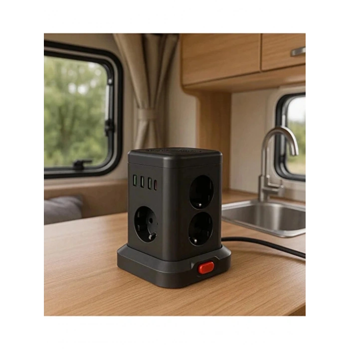 WP-707 3 Usb-A + 1 Type-C Çıkışlı Kule Tipi Akım Korumalı Çoklu Priz – Tek Tuş Kontrol Masaüstü