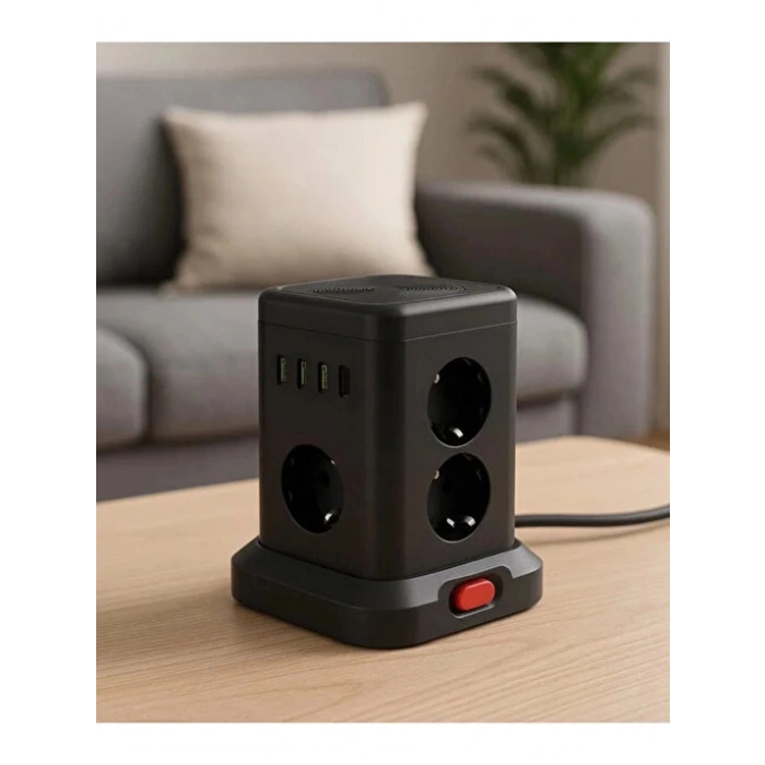 WP-707 3 Usb-A + 1 Type-C Çıkışlı Kule Tipi Akım Korumalı Çoklu Priz – Tek Tuş Kontrol Masaüstü